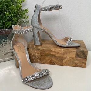 Jewel Badgley Mishka Mayra Ankle Strap Evening Shoe Silver Glitter Detail Size 7